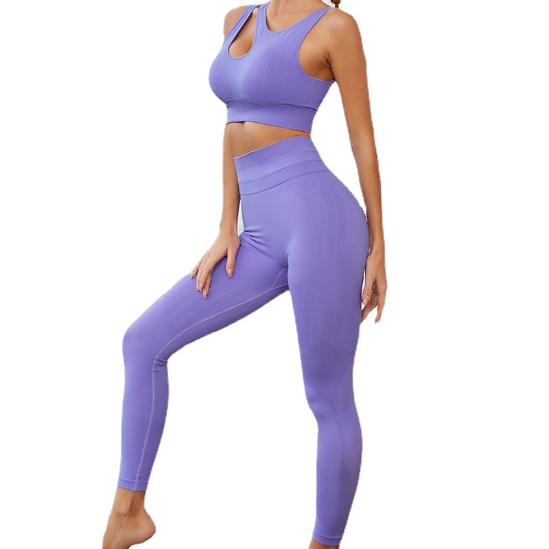 夏季欧美美背三肩罗纹瑜伽服套装跑步健身运动高腰九分裤健身服女