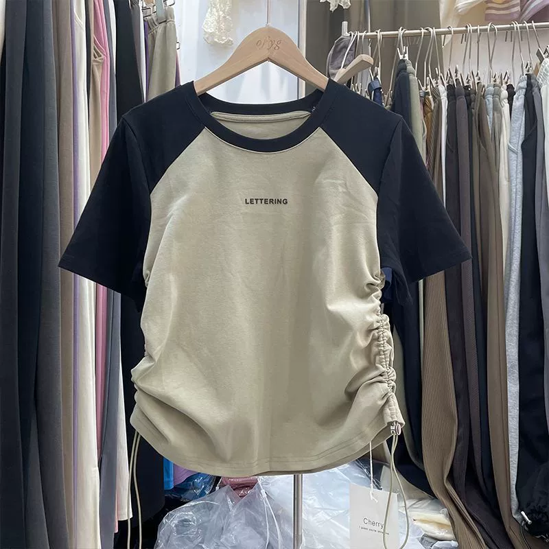 Женская летняя футболка с коротким рукавом на шнурке, новая свободная футболка для похудения больших размеров, дизайнерская ниша Sense Pure Desire, короткий топ для женщин