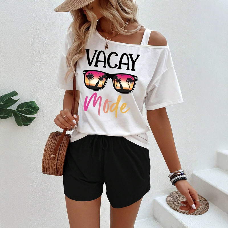 New cold shoulder glasses print street beach vacation casual commuting date asymmetrical design t-shirt