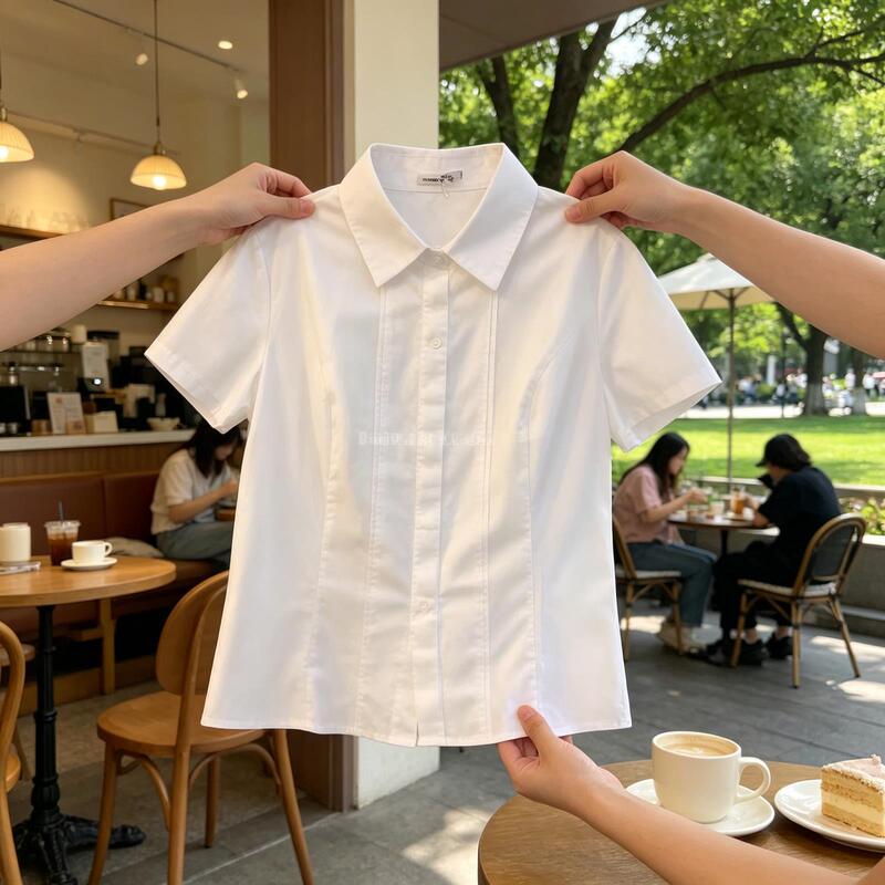French-Style Lace Polo Collar Short-Sleeve Shirt for Women, Spring/Summer 2026, White Base Shirt, College Style Top