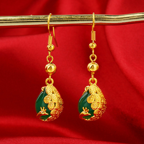 Vietnam Sand Gold Phoenix Gemstone Earrings Ear Hooks Gold Plated Retro Peacock Transfer Beads Long Tassel Temperament Earrings for Women