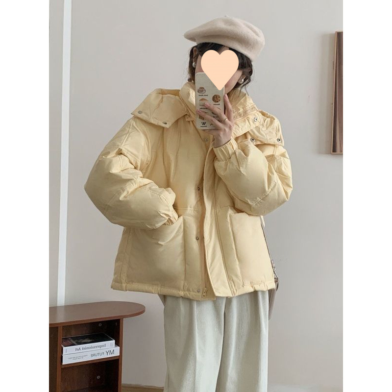 Women's Short Puffer Jacket 2025 New Korean Style Loose Fleece-lined Winter White Goose Down Bread Suit