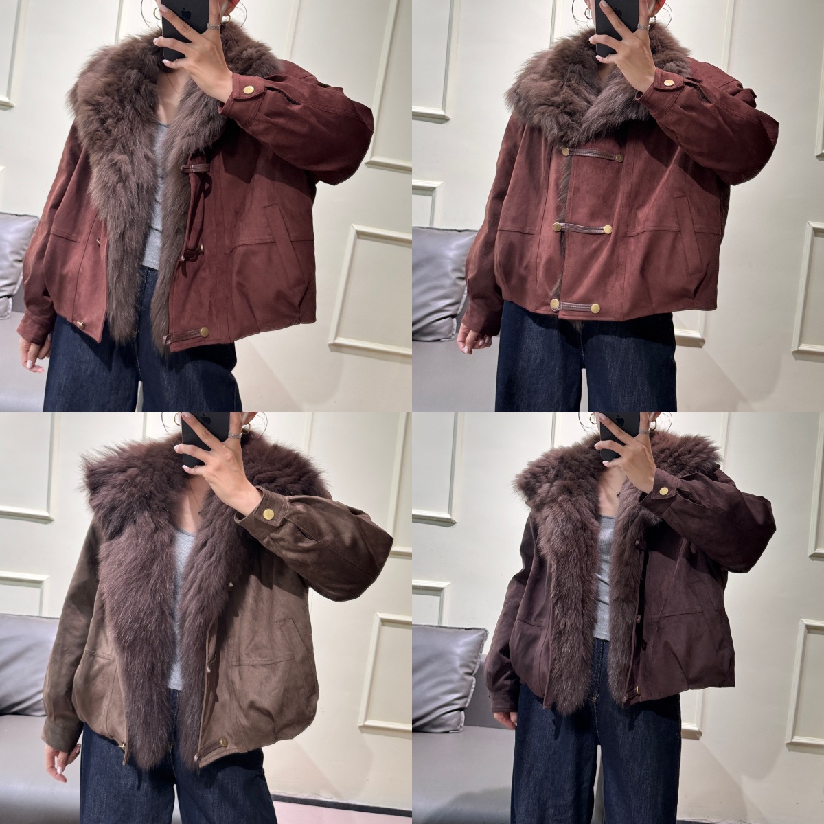 Parka with detachable fox fur collar, down lining, and fur trim; short fur coat for plus sizes.