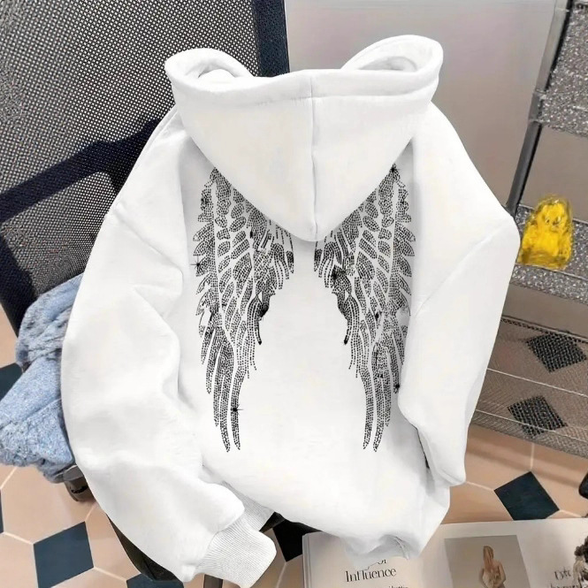 Women's Clothing Trendy Simple Design Wing Print Sweatshirt Casual Loose Sweatshirt Pullover Jacket_ecoleips.com