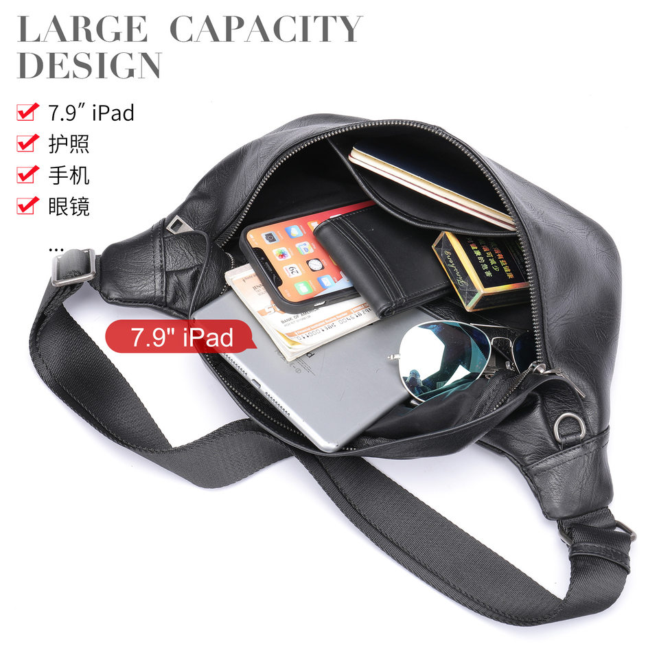 Túi đeo ngực nam da bò lớp đầu thời trang, túi thắt lưng da dung tích lớn chống mài mòn, 26×19×18 cm — Màu cà phê, Màu đen