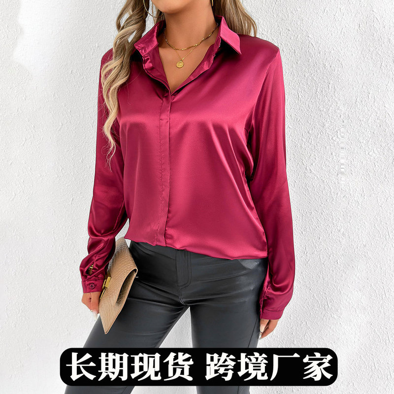 Real Shot of Women's Popular Clothes, Spring and Summer Amazon Satin Shirts, Long-Sleeved Satin Tops, Export