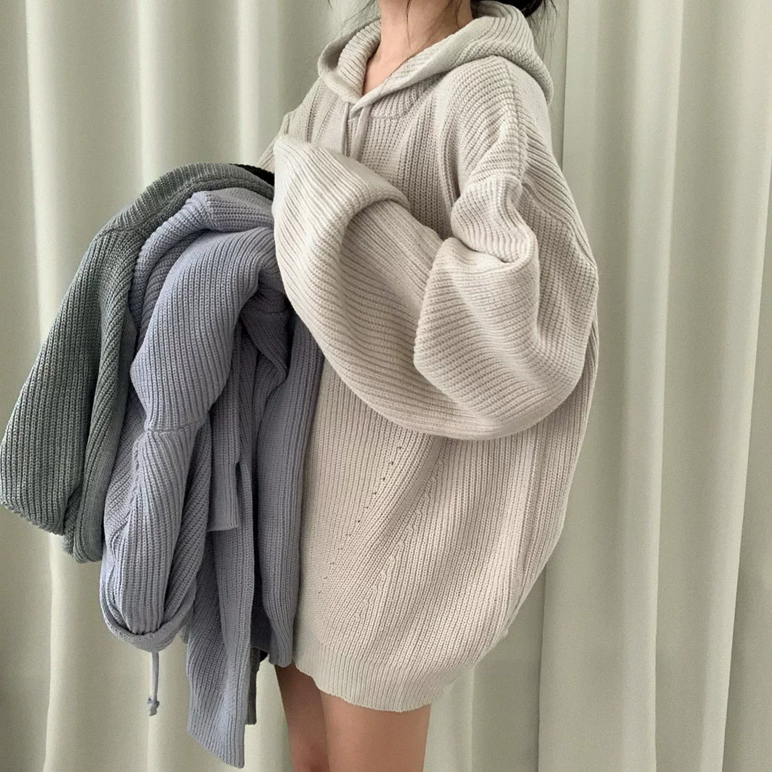 Корейские ins осень и зима корейские ленивые ветры с капюшоном свитер женский свободный вязаный свитер пуловер топ