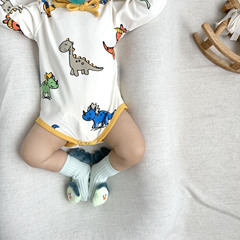 Spring 2024 New Korean Style Hooded Sweatshirt with Full Print of Dinosaurs Baby Bodysuit Set Baby Long Sleeve Pajamas