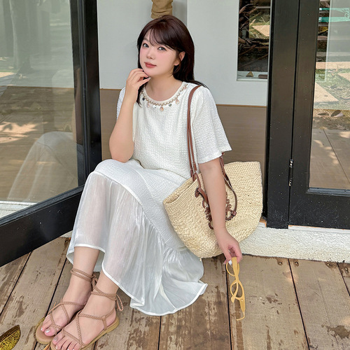 Yinoda Plus Size Sweet Spliced Ruffled Skirt Dress 2025 New Summer Round Neck Straight Tube Long Dress 232436 