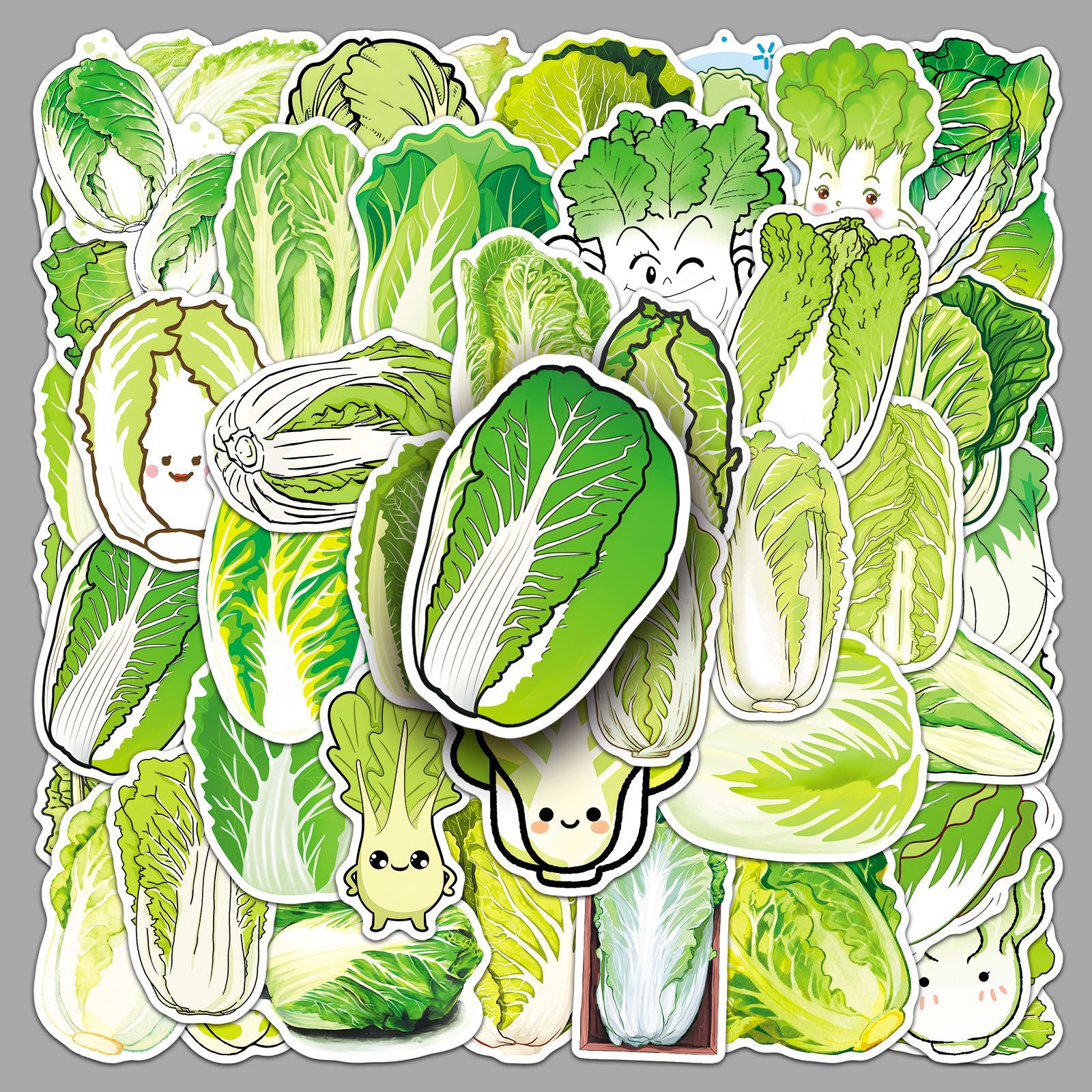 50张白菜贴纸绿色蔬菜青菜卡通食物防水装饰冰箱手帐咕卡饭盒贴纸