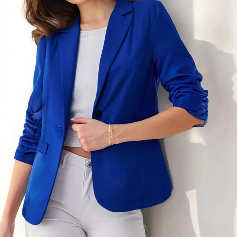 Cross-Border Solid Color Slim-Fit Blazer for Spring and Summer, Single-Button, Three-Quarter Pleated Sleeves, Elegant Commuter Casual Small Suit for Women