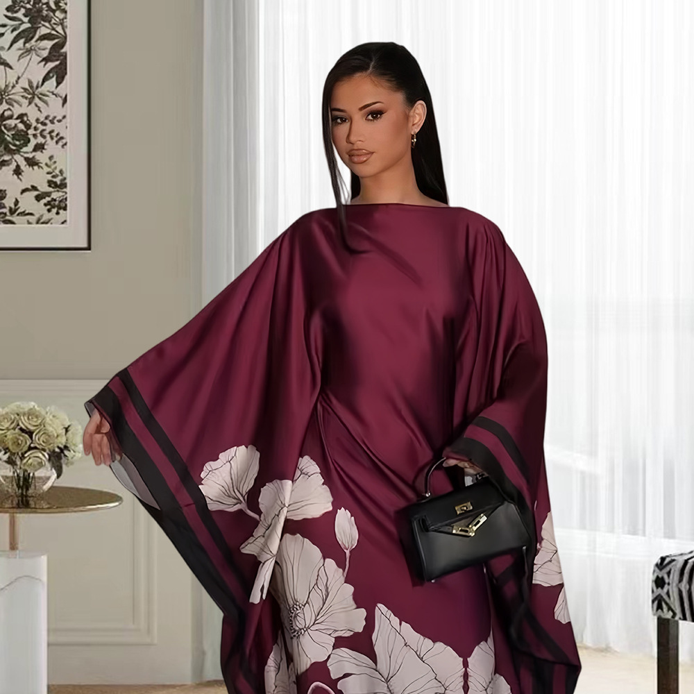 Women's Off-the-Shoulder Satin Dress European American Style Batwing Sleeve Long Gown With Striped Trim Floral Print_ecoleips.com