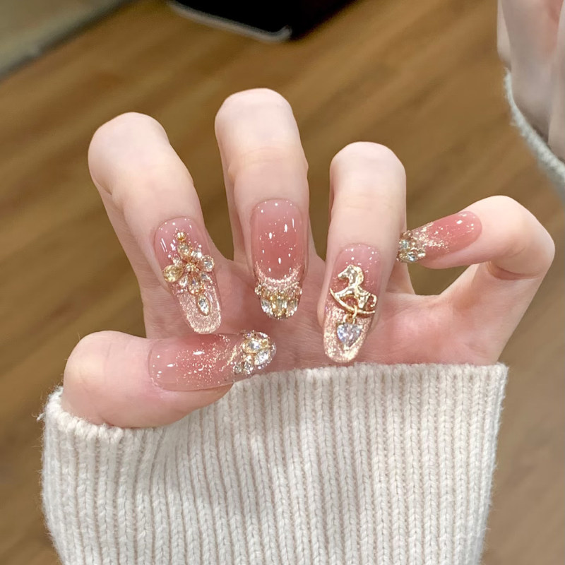 【Fuma Gold】Zirconia Flashing Gold French Cat Eye Nail Art Tips Wearable Nails Pure Handmade High-End Wholesale 【Fuma Gold】Zirconia Flashing Gold French Cat Eye Nail Art Tips Wearable Nails Pure Handmade High-End Wholesale
