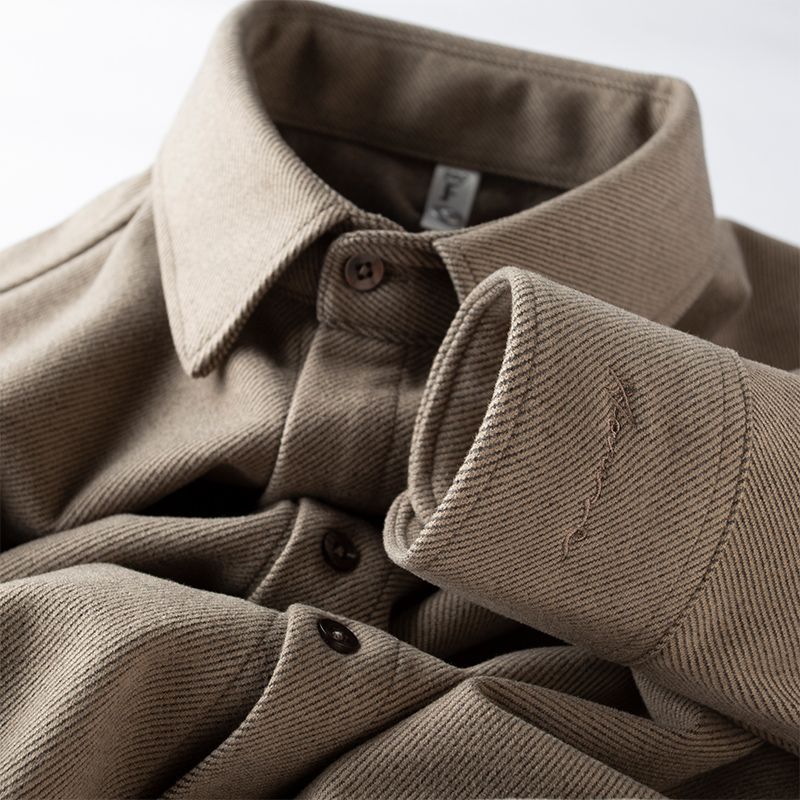 复古棕色磨毛尼料厚款衬衫男士长袖修身商务休闲保暖衬衣男士冬季