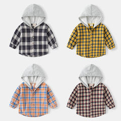 Korean children's clothing wholesale 2023 new boys long-sleeved shirt baby plaid hooded shirt trendy one piece dropshipping