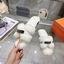 欧洲站高品质2025秋冬新款H家真皮底时尚潮流羊羔毛平底拖鞋女