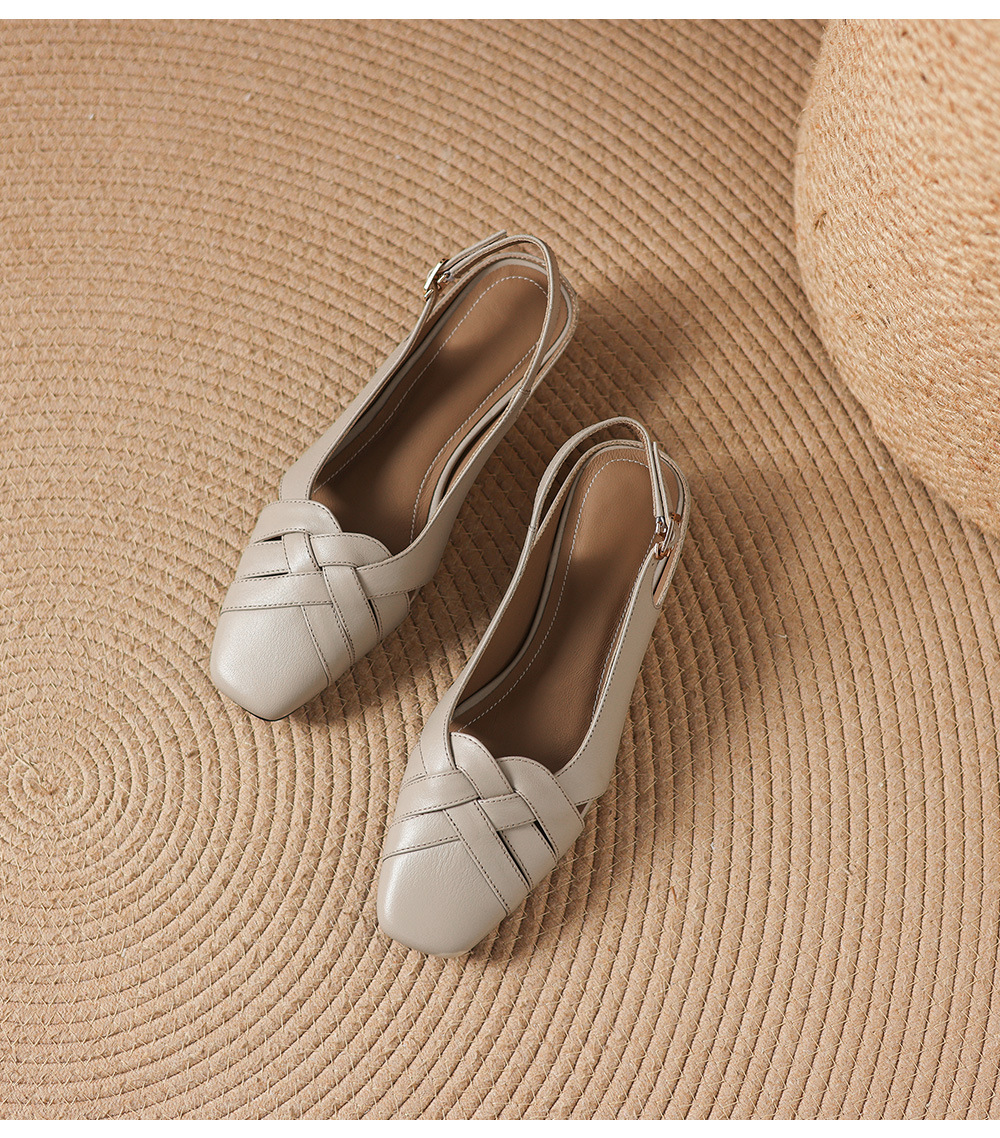 Sandal nữ da cừu mũi nhọn quai ngang gót vuông 6 cm — đen chi tiết 19