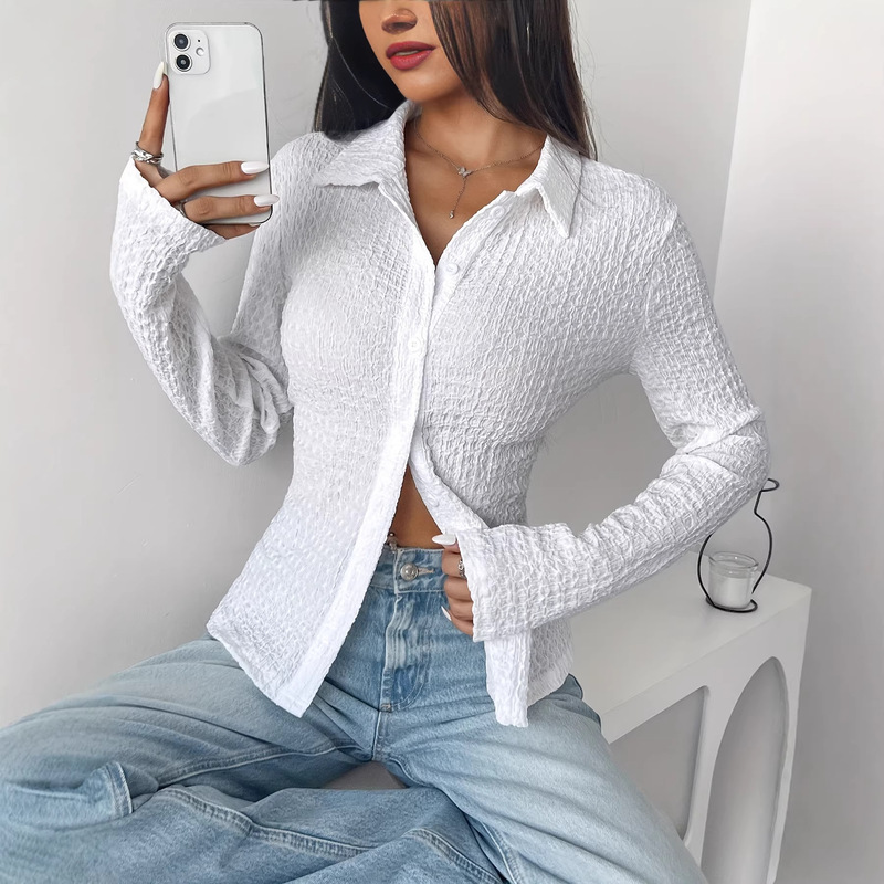 Elegant Women's Long Sleeve Shirt - Solid Color, with Button Closure and Turn-Down Collar, Fashionable | Modern Textured Shirt