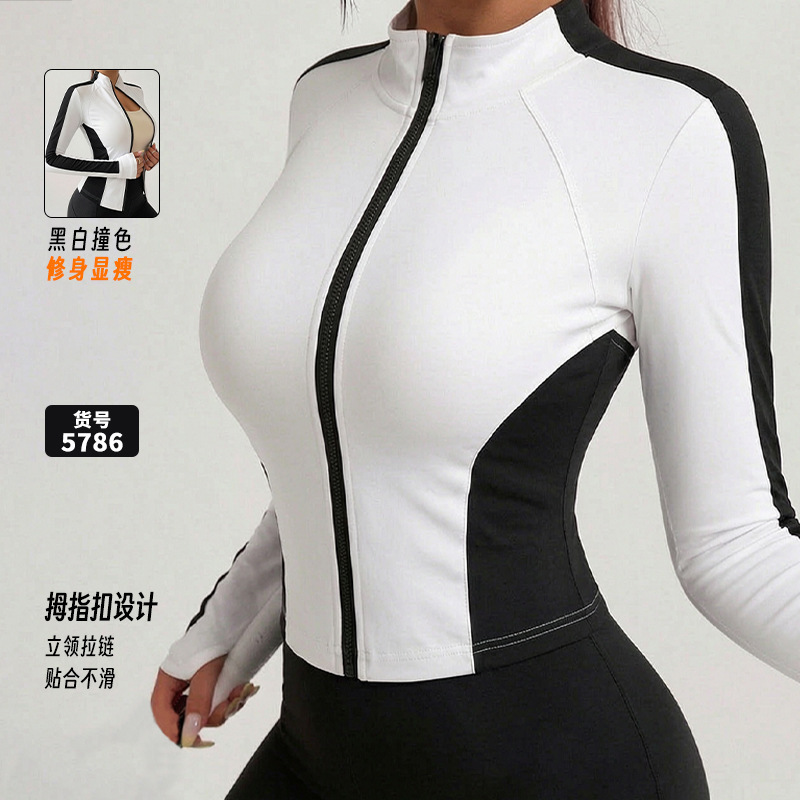 Cross-Border Factory Color-Blocked Sports Jacket, Slim-Fit, Stand-Up Collar, Zip-Up Jacket, Stretchy Top, Yoga Wear, Long-Sleeve Women's Clothing