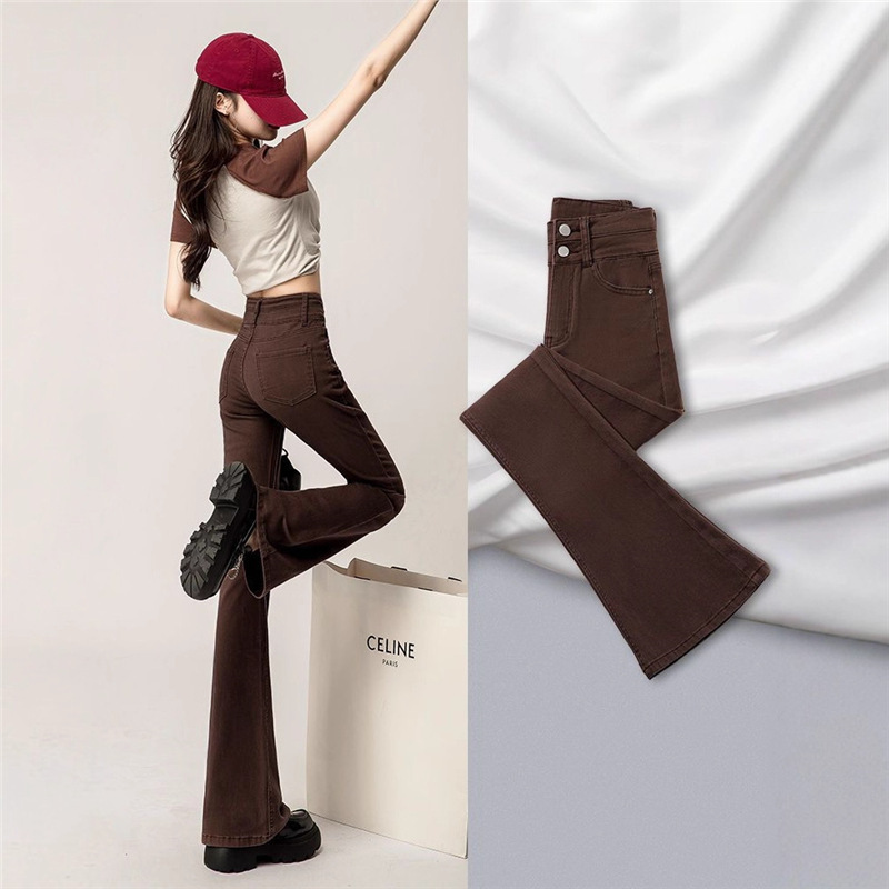 Brown Stretchy Bootcut Jeans for Women 2025 Spring & Fall Fleece-Lined High-Waist Slim Wide-Leg Horseshoe Brown Flared Pants