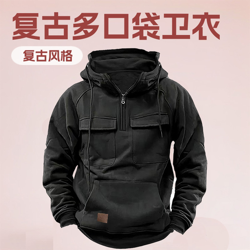 Spring and Autumn American Retro Hooded Loose Terry Sweatshirt for Men, Youth Multi-Pocket Leather Pullover Jacket Cross-Border
