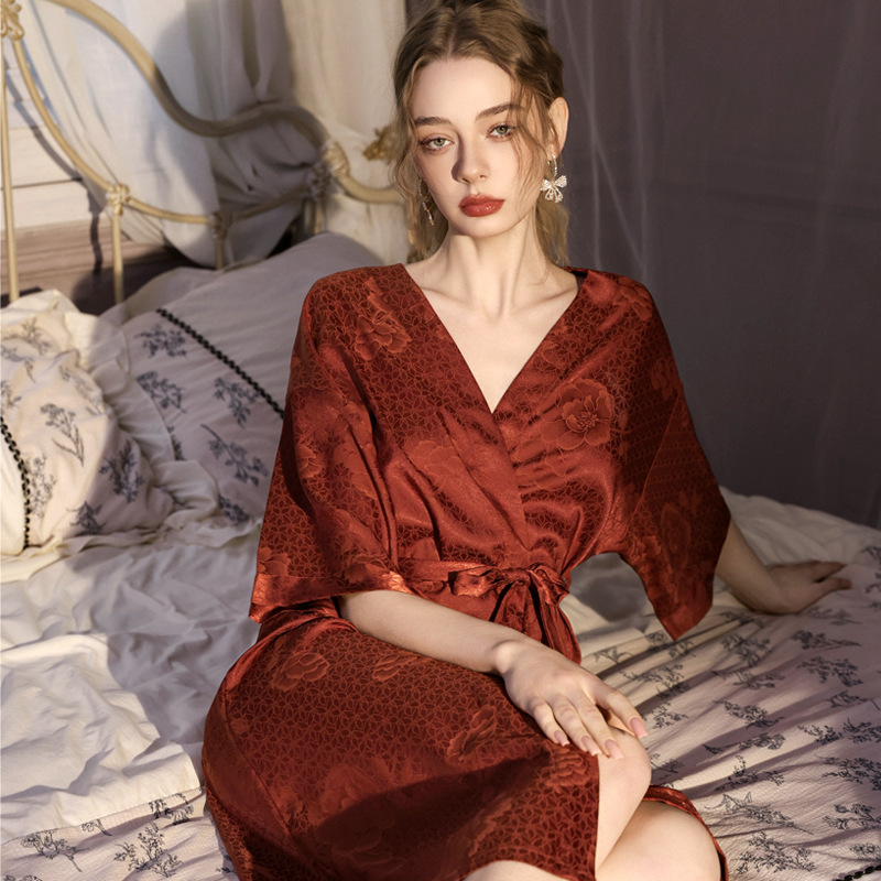 Nightgown for Women, New Summer Style, Sexy Spring and Autumn Style, Ice Silk Jacquard Bathrobe, Thin Plus Size Pajamas, Bridal Dressing Gown Nightgown for Women, New Summer Style, Sexy Spring and Autumn Style, Ice Silk Jacquard Bathrobe, Thin Plus Size Pajamas, Bridal Dressing Gown
