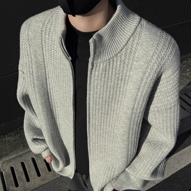 Stand Collar Knit Cardigan – Men’s Oversized Pullover Sweater (Black/Grey, M-3XL)_voghion.com