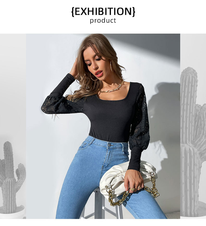 Solid Color Sim Fit Square Collar Lace Hollow Stitching Bodysuit_voghion.com