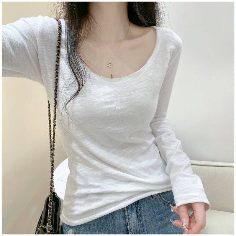 White Bamboo Cotton Long-Sleeved T-Shirt for Women in Early Spring & Fall Korean Style Inner Wear That Can Be Worn Outside the Bottoming Shirt Slim U-Neck Right Shoulder Top