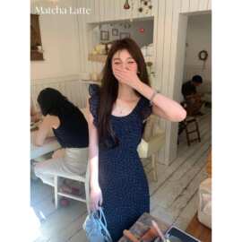 微胖MM法式荷叶边波点短袖连衣裙子女夏季新款设计感收腰露背长裙