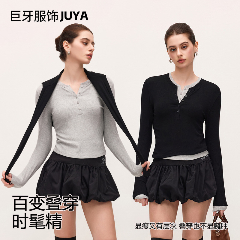 New Long-Sleeved Yoga Wear Women's T-Shirt Rib Button Henley Collar Top High Elastic Breathable Running Sports Fitness Wear