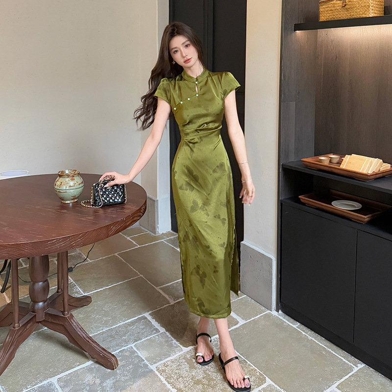 High-Quality Chinese-Style Satin Butterfly Dress for Women, New Summer Model for Petite Figures, Improved Cheongsam Long Dress