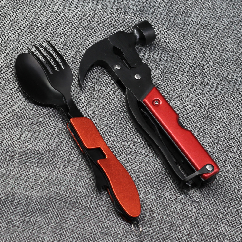 新款户外多功能羊角锤不锈钢组合车载工具拆装餐具刀叉勺组合套装
