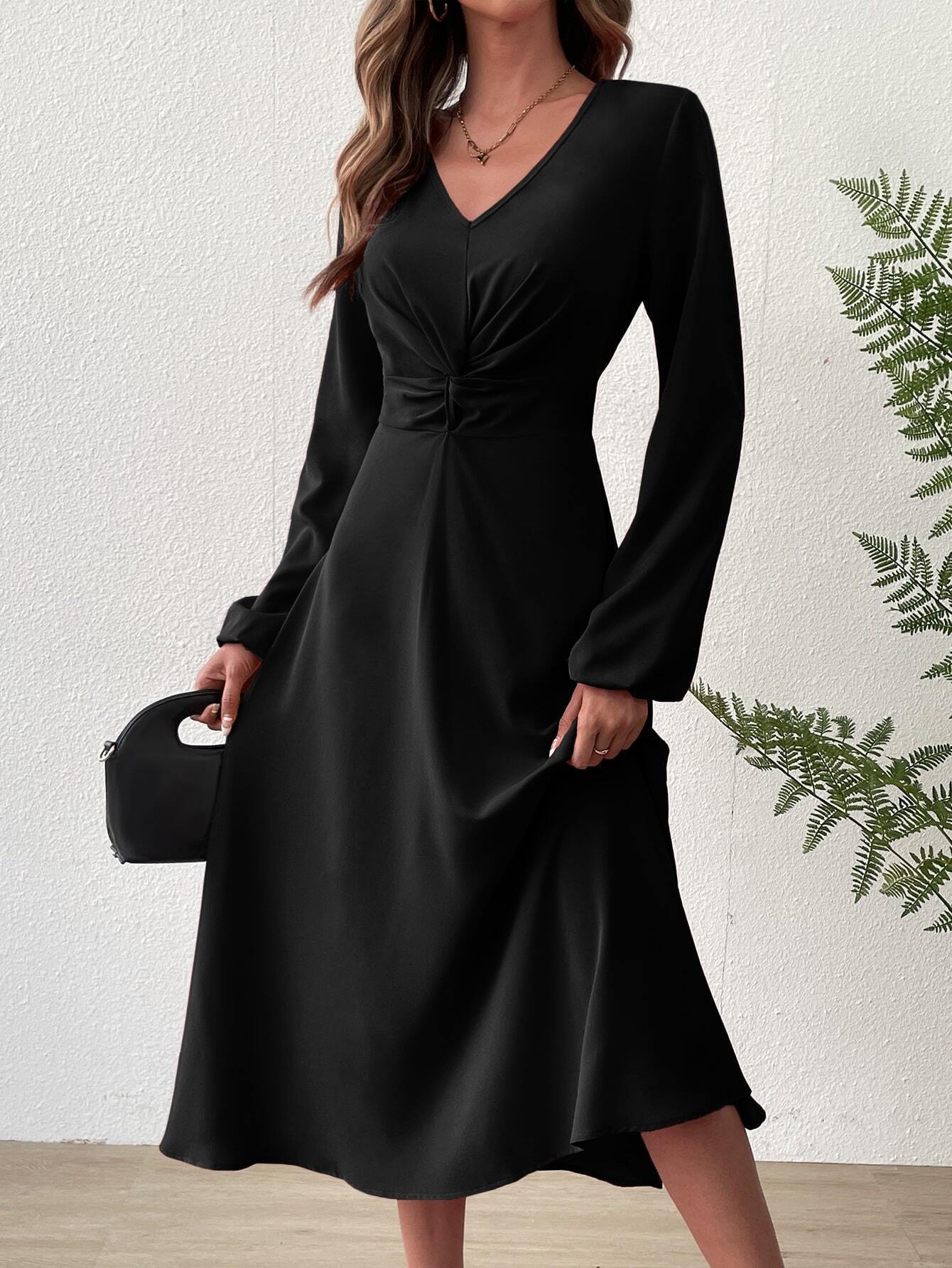 European And American Women' Spring Summer Fahion V-Neck Lantern Long Sleeve Twit Edge Elegant Mid-Length_ecoleips.com