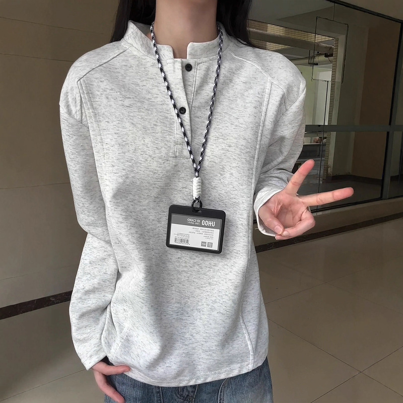亨利领polo衫长袖t恤男款秋季拼接重磅无帽卫衣正肩白灰色打底衫|undefined