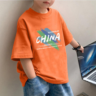2439 # Children's Summer Short-Sleeved T-Shirt American Letter Print Medium and Large Kidsren's Boys Pure Cotton Round Neck Half-Sleeved Kidsren's Clothing