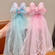 艾莎公主头纱发饰女童蝴蝶结飘纱发夹发卡儿童超仙生日拍照头饰