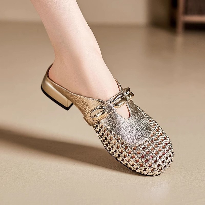 Sheepskin Version~Niche Handmade Woven Hollow-Out Round-Toe Mules, Summer Korean-Style Casual Low-Heel Closed-Toe Sandals