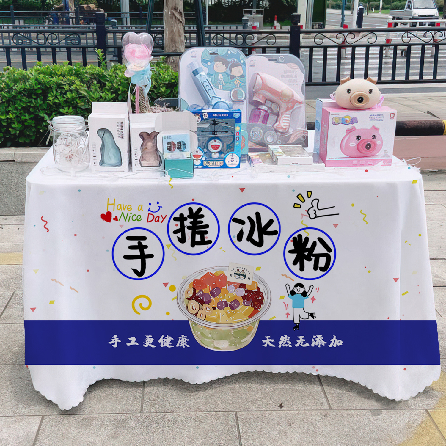 Manos de hielo en polvo toal de mesa letrero de mercado nocturno de alimentos puestos de toal de mesa carro publicidad toal de mesa publicidad toal