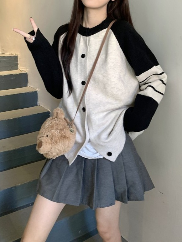法式学院风减龄撞色拼接长袖针织衫女秋冬季新款宽松百搭开衫上衣|undefined