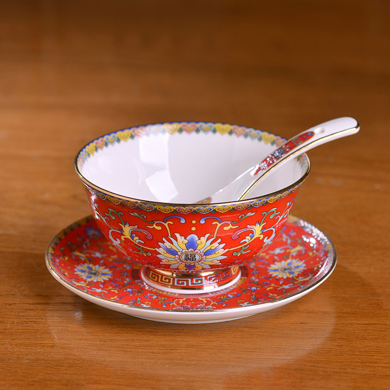 Jingdezhen Ceramic Chinese Antique Household Bone China Rice Bowl Plate Spoon Bone Dish Set Hotel Set Table Tableware