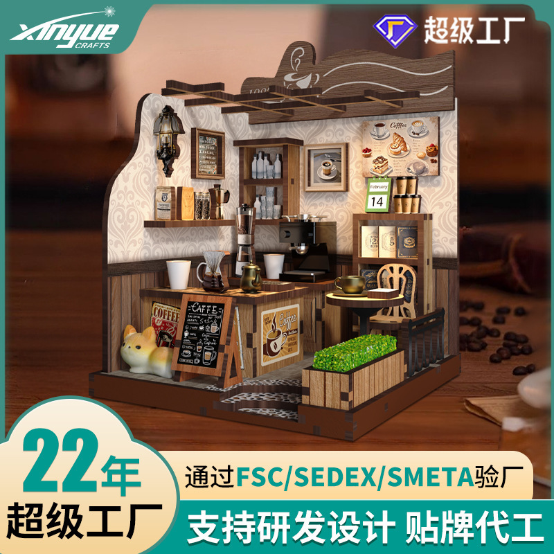 Cross-Border DIY Cabin Country Coffee House Wooden Hand-Assembled Model House Micro Landscape Small House Mini House