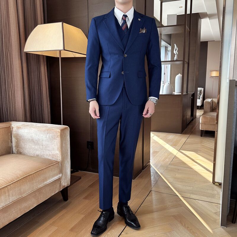 Wholesale men's pinstripe suit three-piece business formal wear Korean slim banquet dress bridegroom wedding suit