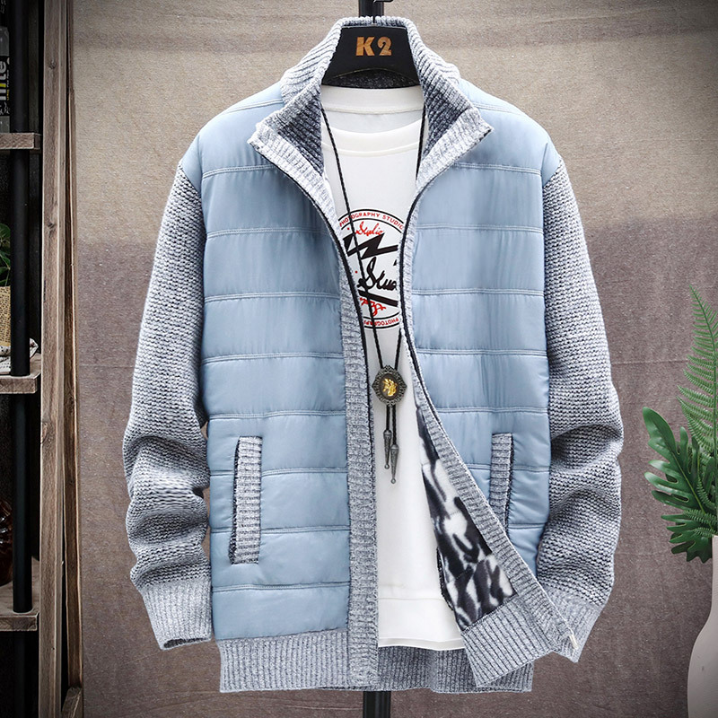 New patchwork men's stand-up collar cardigan slim jacket velvet thickened sweater large size sweater jacket for men_voghion.com