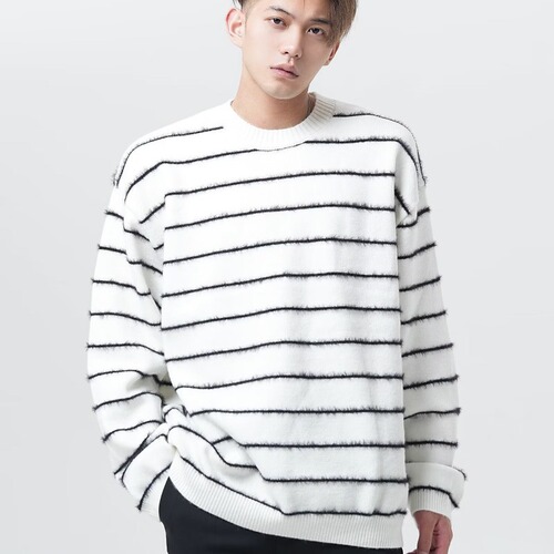American street style relaxed fall and winter loose black and white striped men's versatile casual crew neck knit sweater