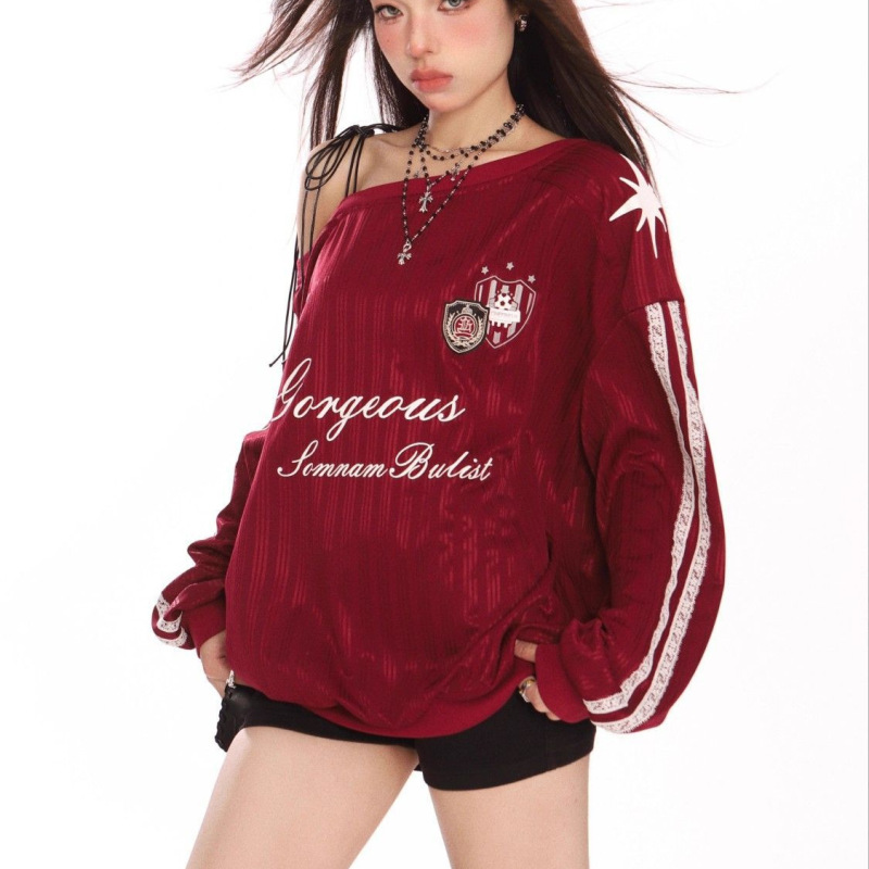 Spring and Autumn American Style Slant Shoulder Strap Long Sleeve Sweatshirt Women's Autumn Sports Hot Girl Slim Shoulder Jersey All-match Top Spring and Autumn American Style Slant Shoulder Strap Long Sleeve Sweatshirt Women's Autumn Sports Hot Girl Slim Shoulder Jersey All-match Top