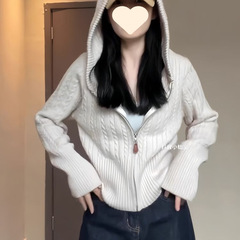温柔风麻花连帽针织开衫女秋冬韩系慵懒拉链毛衣外套收腰短款
