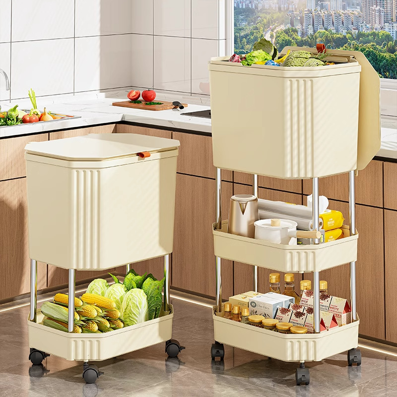 Kitchen Bending-free Trash Can High Multi-functional Lid with Wheel Large Capacity Living Room Storage Rack Garbage Storage Bucket
