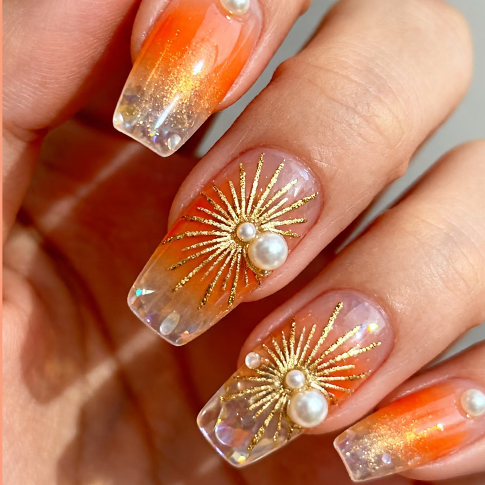 3D oro perla naranja oro fuegos artificiales manicuras comercio exterior acondicionado caliente lujo para usar manicuras de uñas 24 piezas de parche de uñas