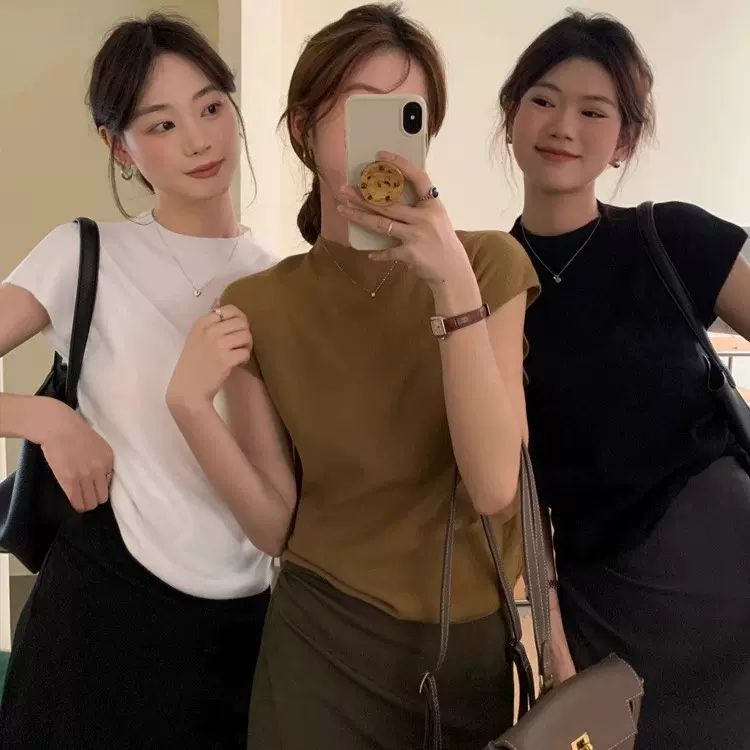 法式半高领短袖t恤女装春季正肩修身套头打底针织衫短款掐腰上衣